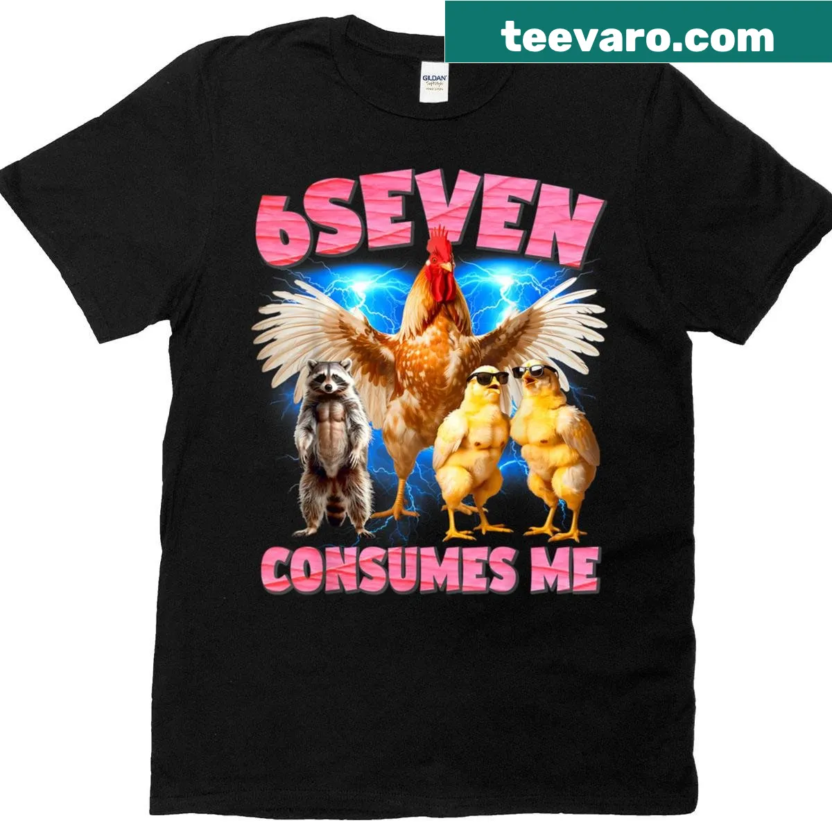 Absurd meme design featuring chicken and raccoon on a T-shirt — on a men's t-shirt