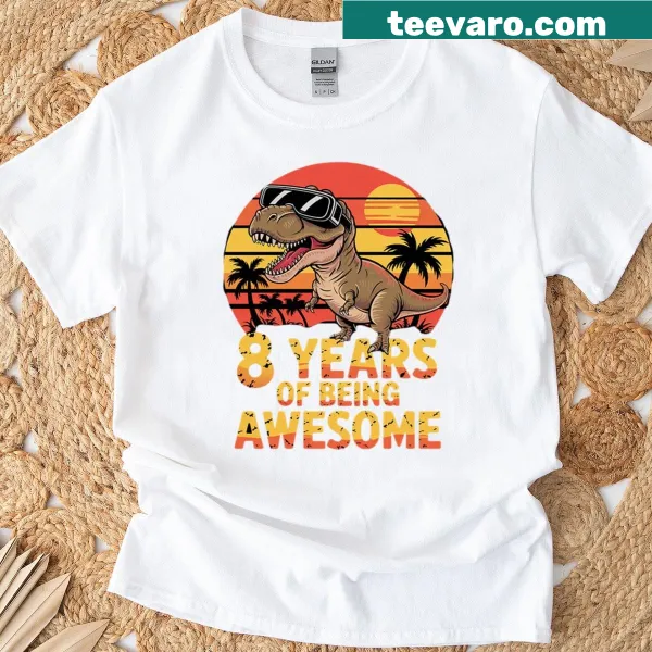 Dinosaur-themed graphic celebrating 8th birthday on T-shirt