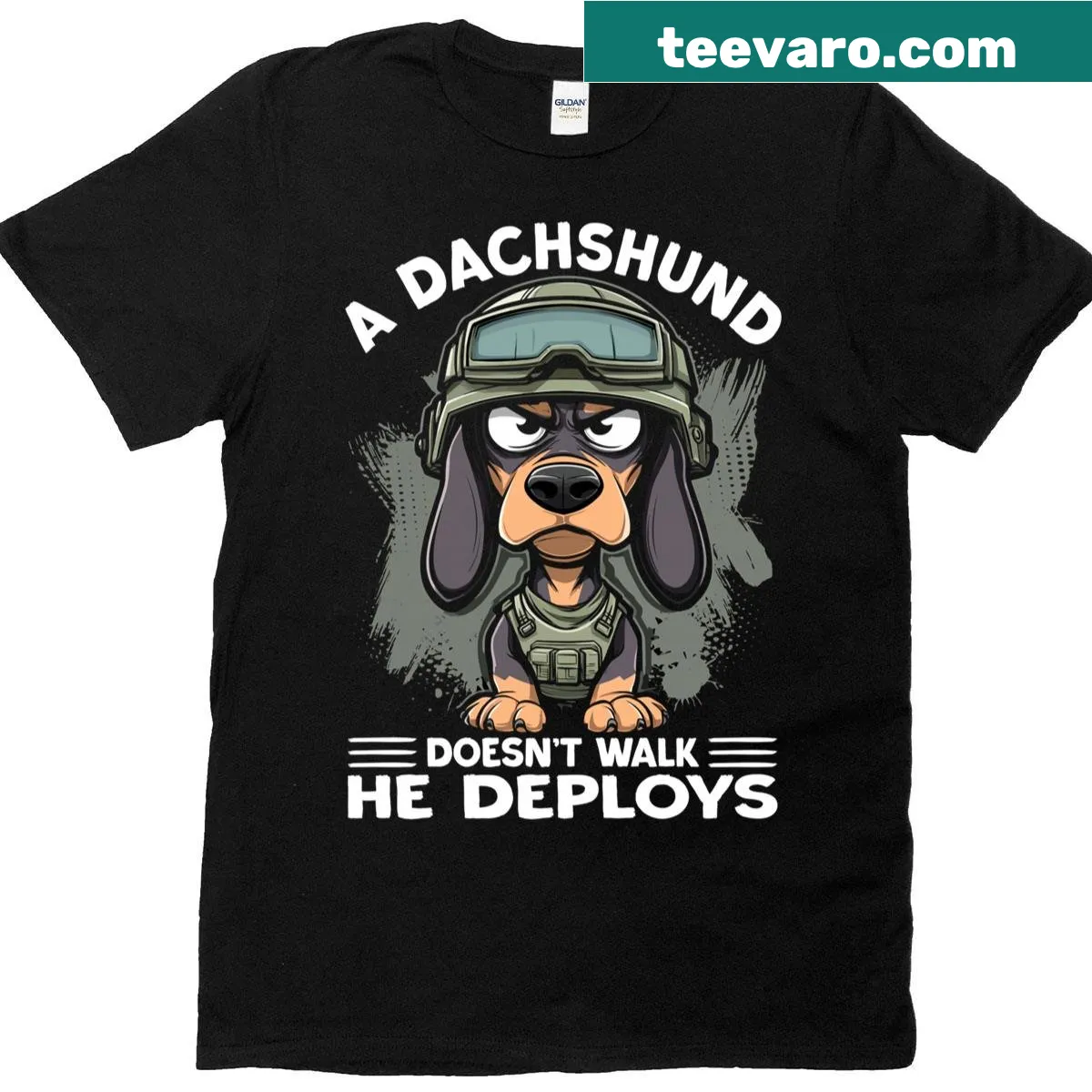 Wiener dog t-shirt with humorous dachshund slogan — on a men's t-shirt
