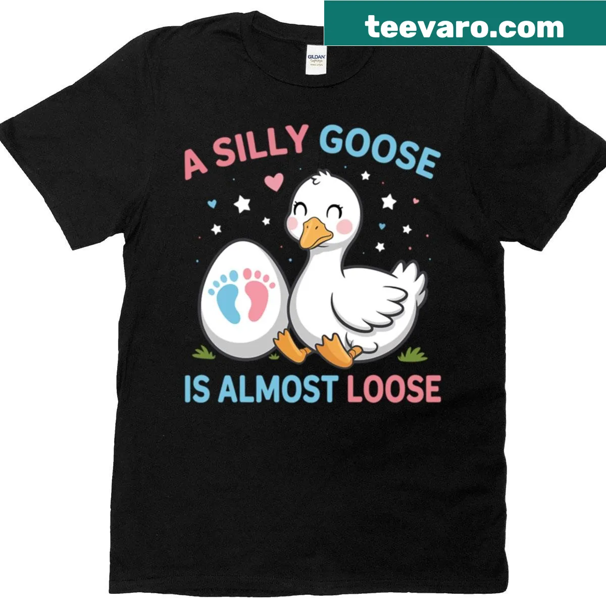 Funny pregnancy T-shirt with a silly goose graphic — on a men's t-shirt