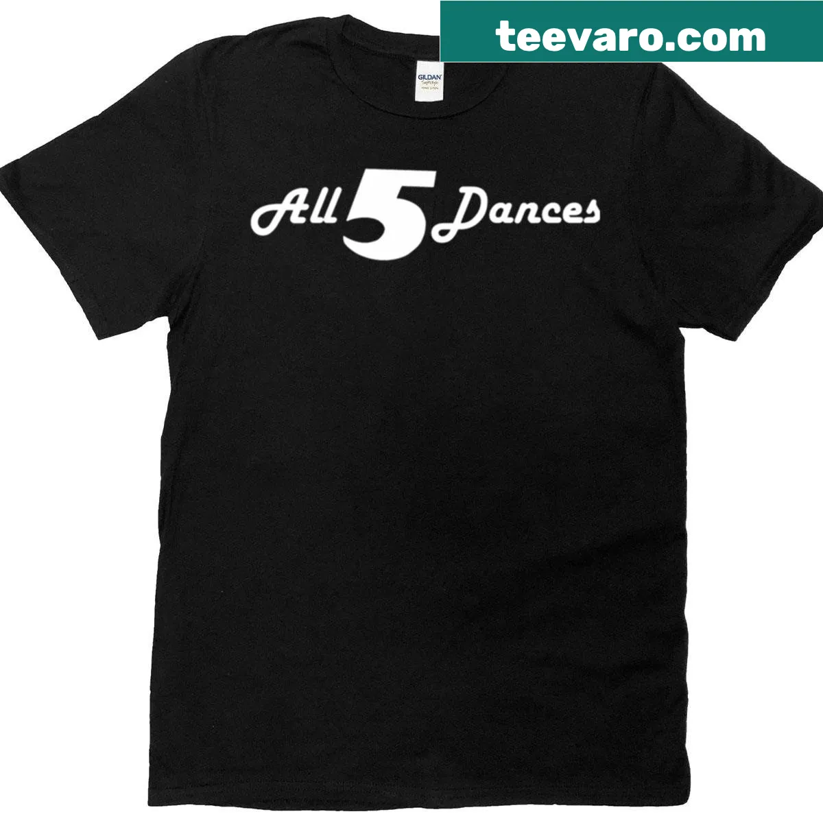 All 5 Dances graphic on oversized T-shirt — on a men's t-shirt