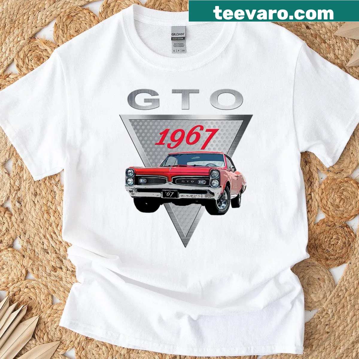 T-shirt featuring an illustrated 1967 GTO muscle car — on a men's t-shirt