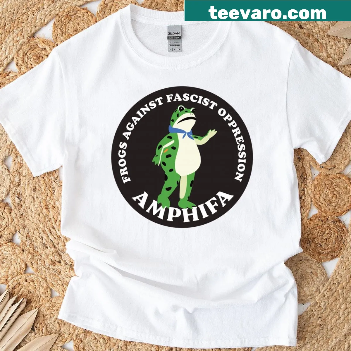 Frog-themed t-shirt with a message against oppression — on a men's t-shirt