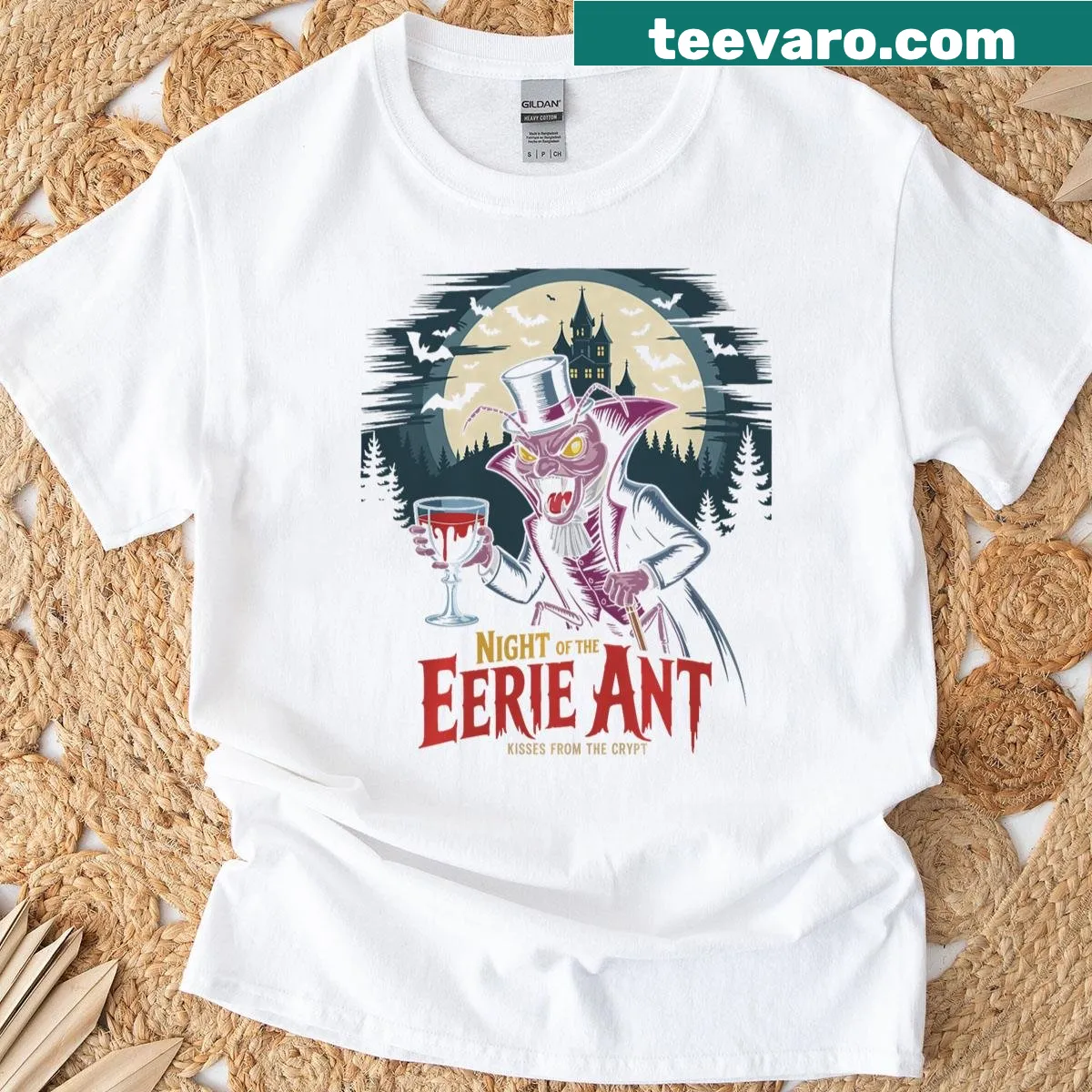 Halloween t-shirt featuring an ant dressed as a vampire illustration — on a men's t-shirt