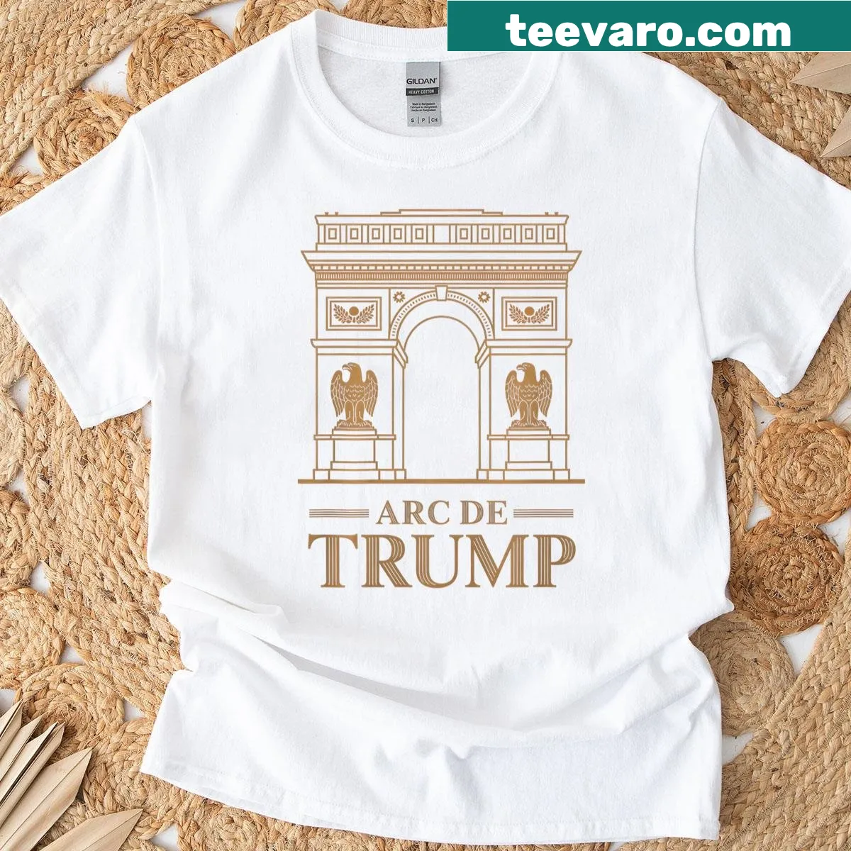 Funny political parody shirt featuring a playful Arc de Triomphe design — on a men's t-shirt