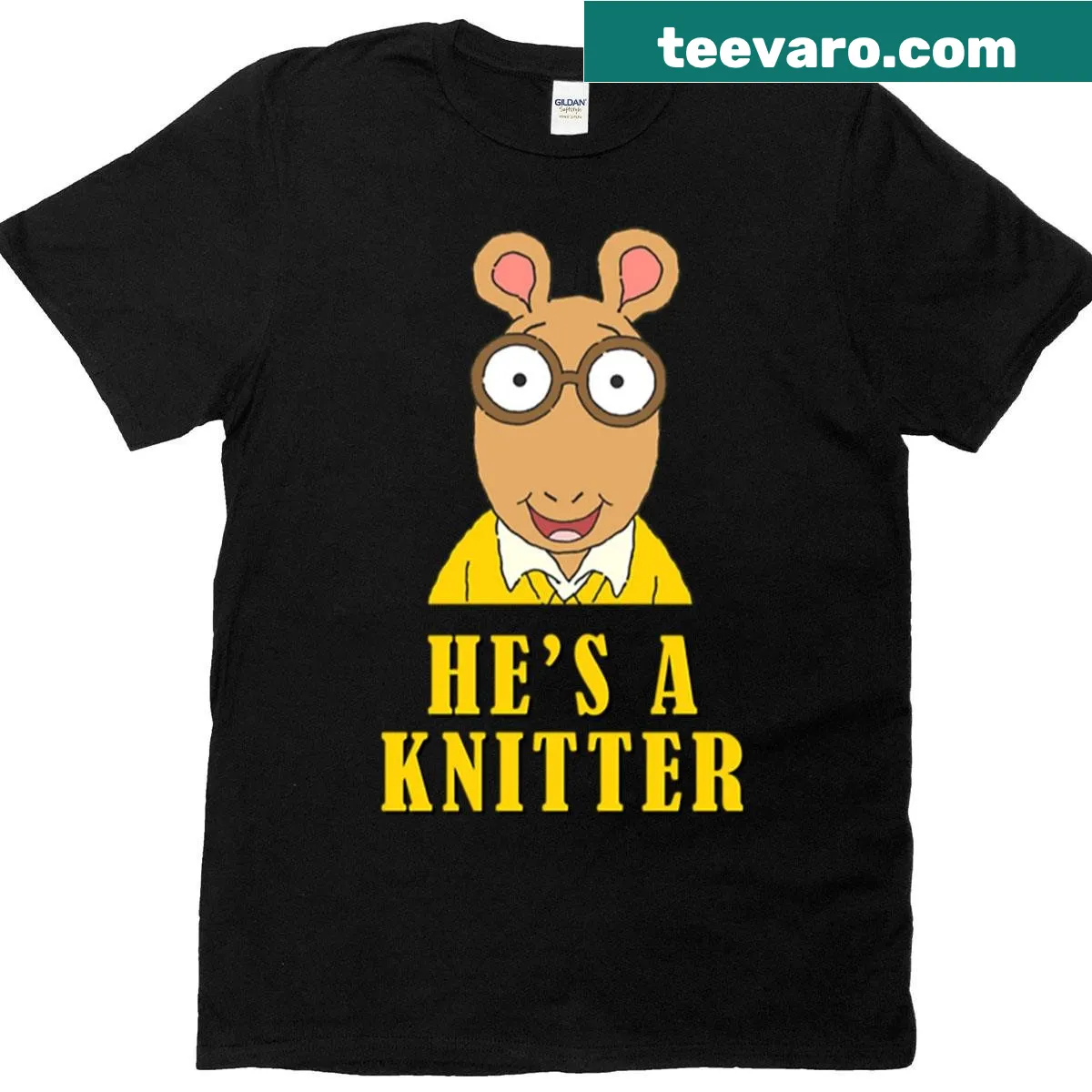 Knitter t-shirt with 'Arthur He's A Knitter' text — on a men's t-shirt