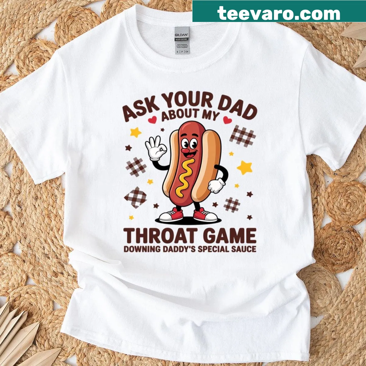 T-shirt with bold adult humor text about throat game — on a men's t-shirt