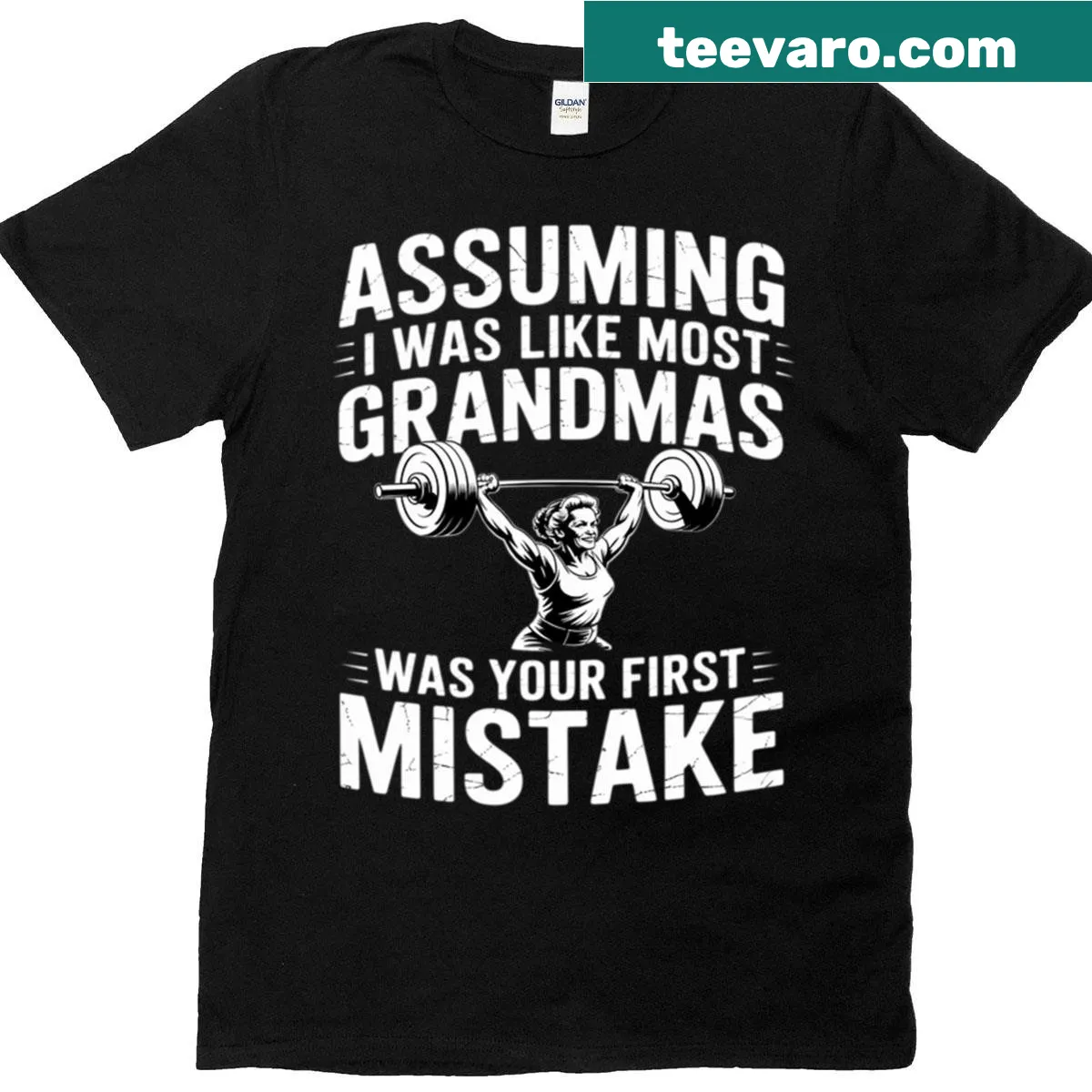 Illustrative t-shirt for grandmas with a playful fitness message — on a men's t-shirt