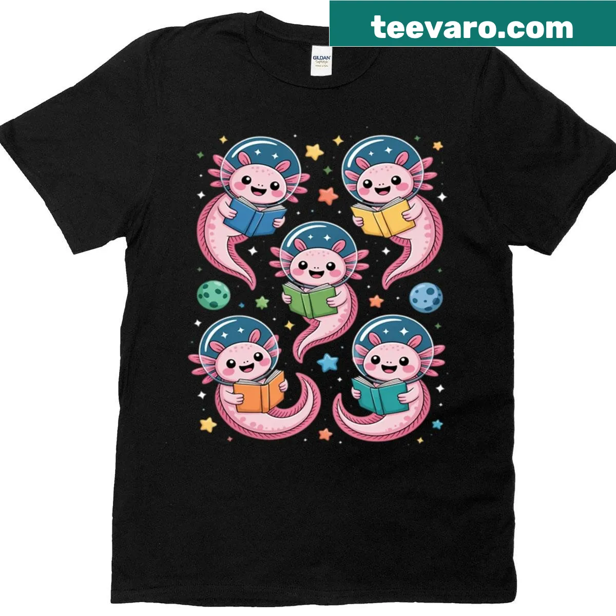 T-shirt featuring astronaut axolotls reading books in space — on a men's t-shirt