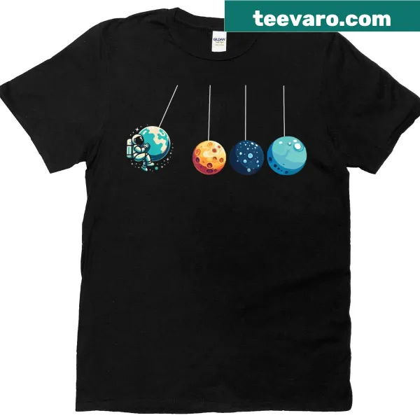 Astronaut swinging on planets design t-shirt inspired by Newton