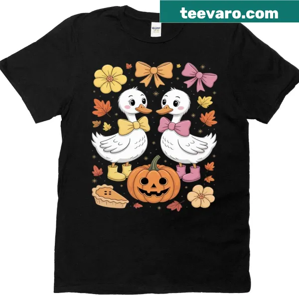 Whimsical goose and pumpkin design for autumn wear.
