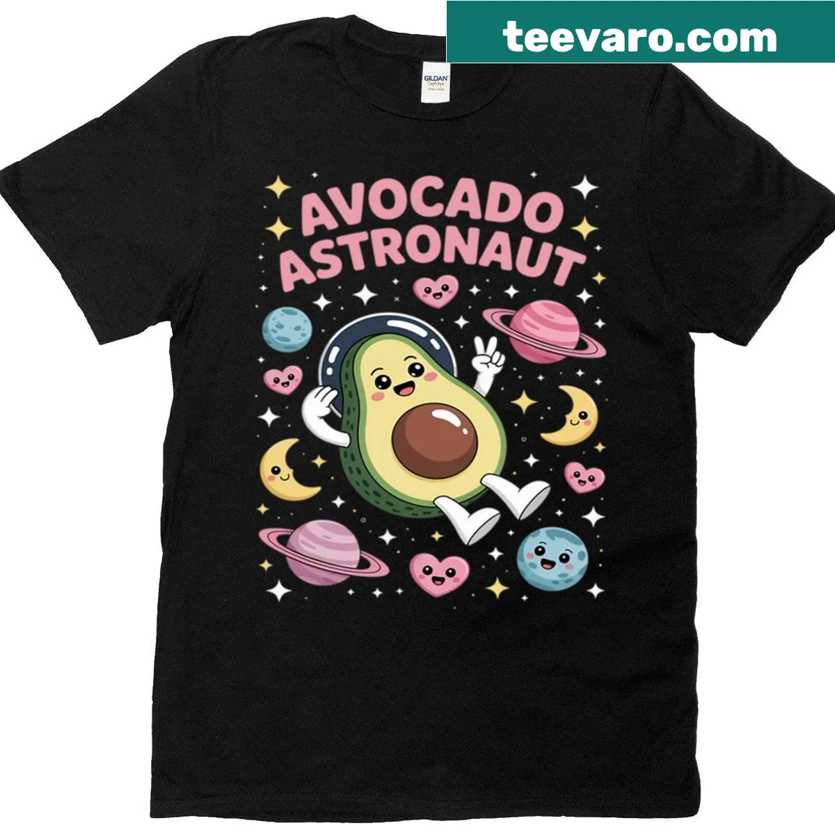 Avocado astronaut floating in space with stars and planets — on a men's t-shirt