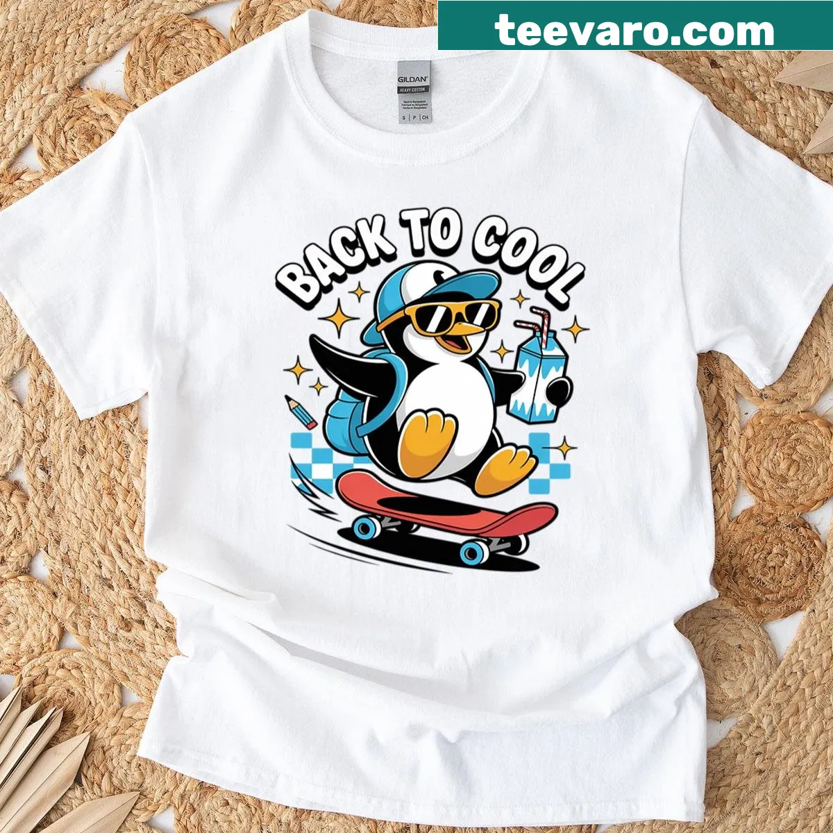 Funny back-to-school t-shirt featuring a cartoon penguin design — on a men's t-shirt