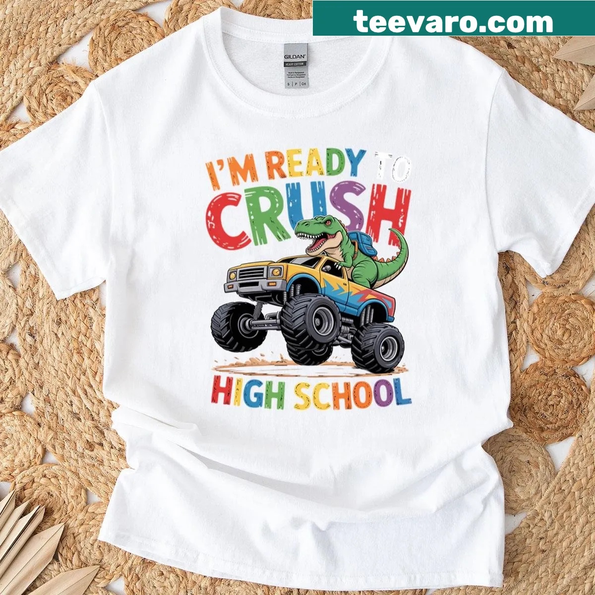 T-shirt featuring a dinosaur illustration ready to crush high school — on a men's t-shirt