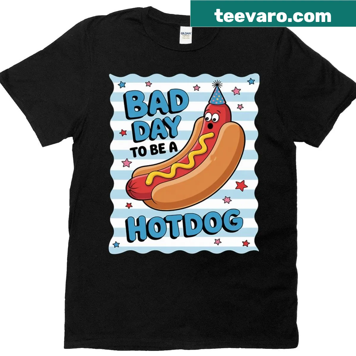 Cartoon hot dog with coquette bow and funny text for July 4th — on a men's t-shirt