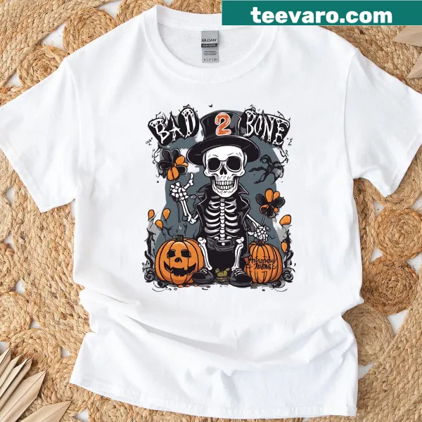 Toddler T-shirt with a skeleton character saying 'Badto Thebone'