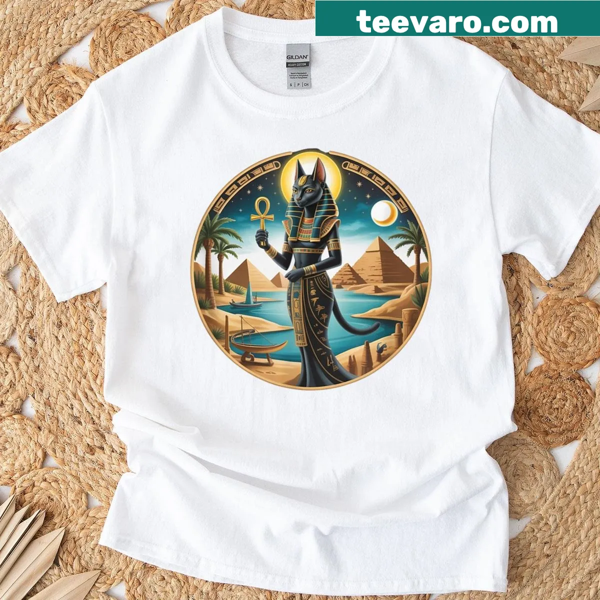 Illustration of Bastet, the cat goddess from ancient Egypt, on T-shirt. — on a men's t-shirt