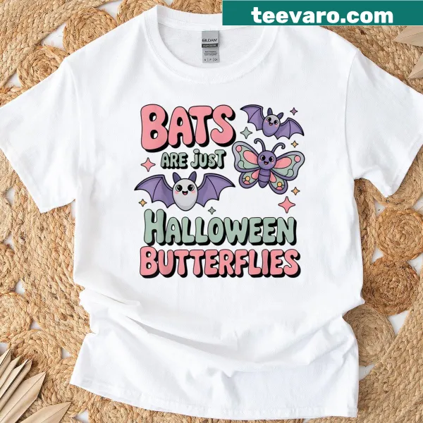 Kawaii t-shirt with cute graphic reading 'Bats Are Just Halloween Butterflies'