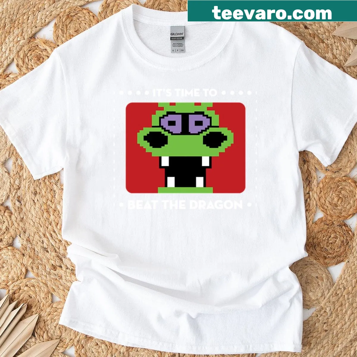 Playful t-shirt with 'Beat The Dragon' text design inspired by classic games — on a men's t-shirt