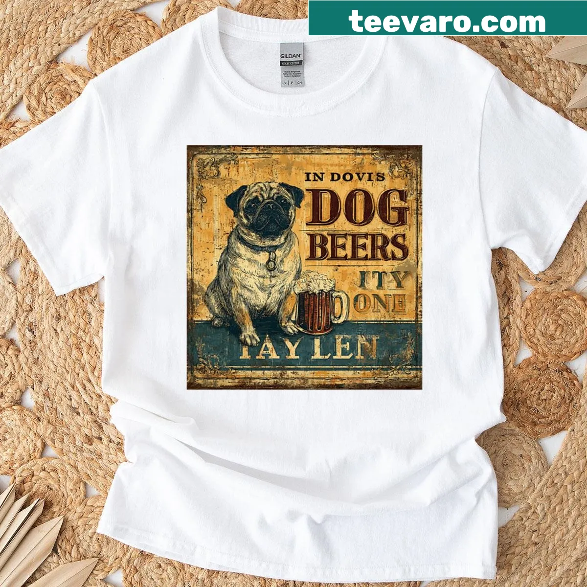 Oversized T-shirt featuring a pug dog and beer sign graphic — on a men's t-shirt