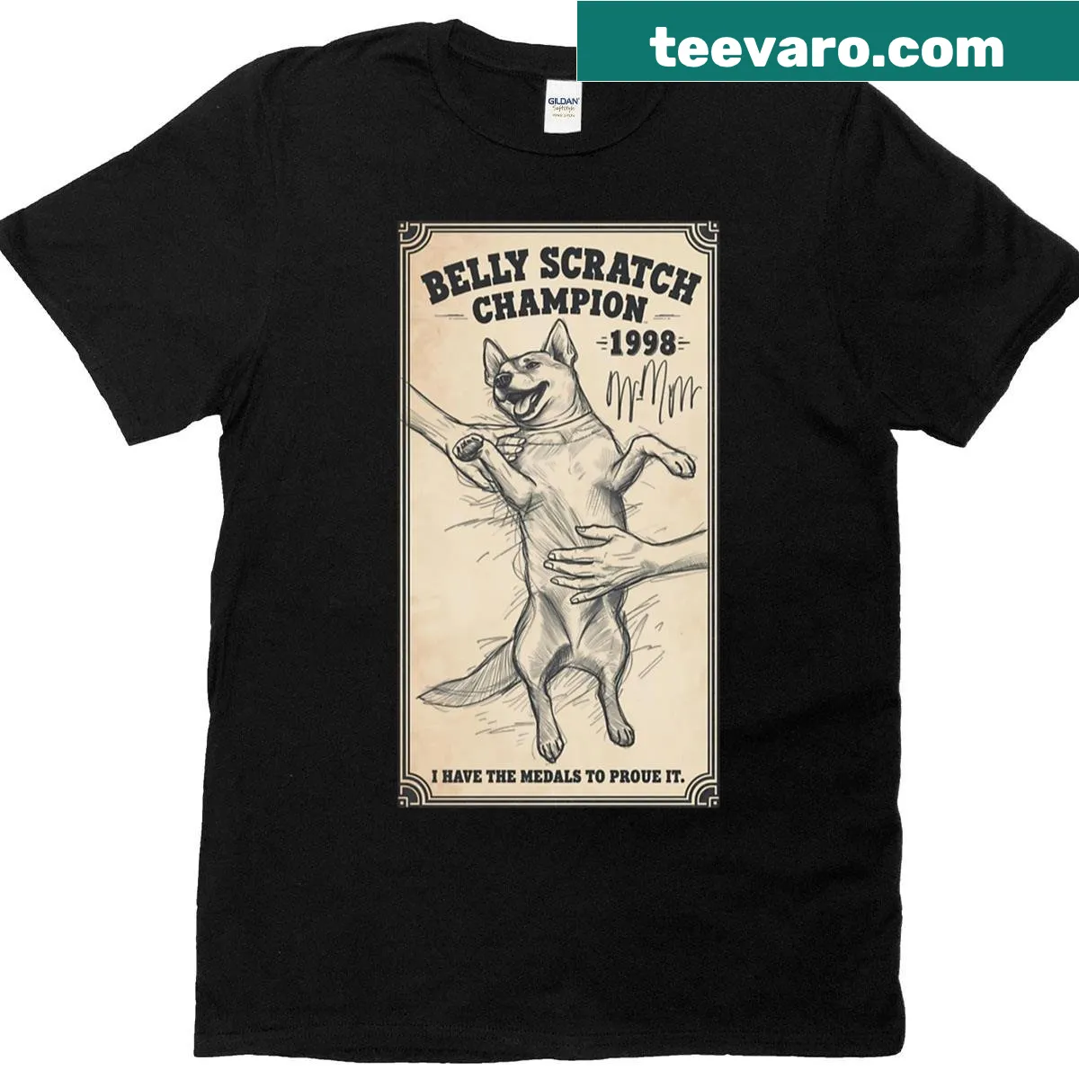 Funny shirt featuring a dog with text about belly scratching — on a men's t-shirt