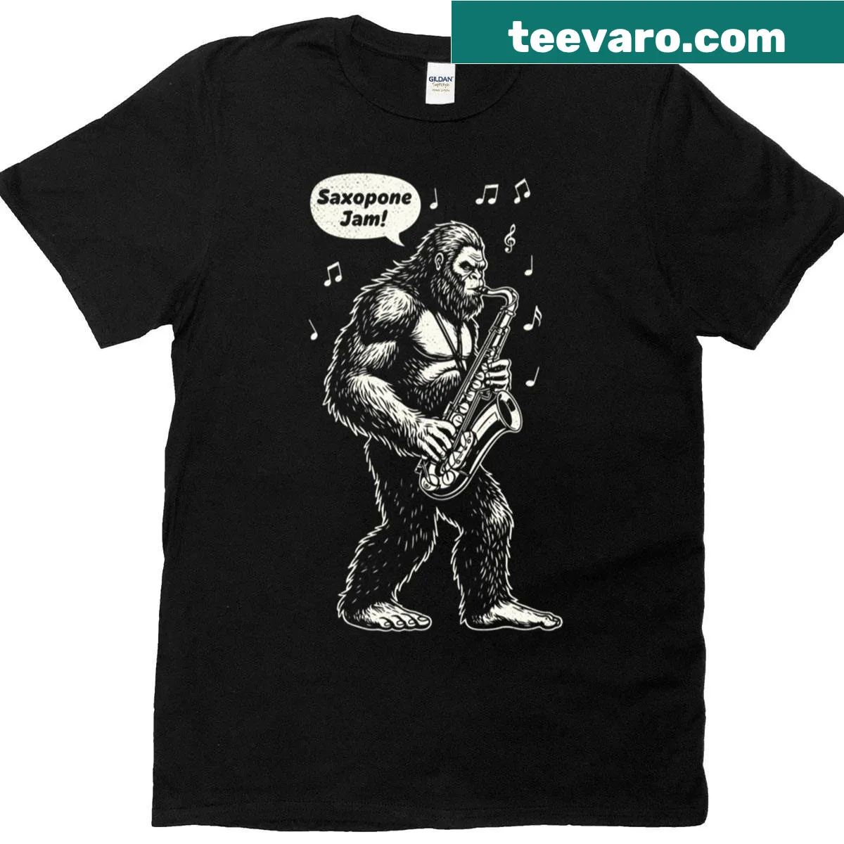 Bigfoot playing saxophone vintage illustration on T-shirt — on a men's t-shirt