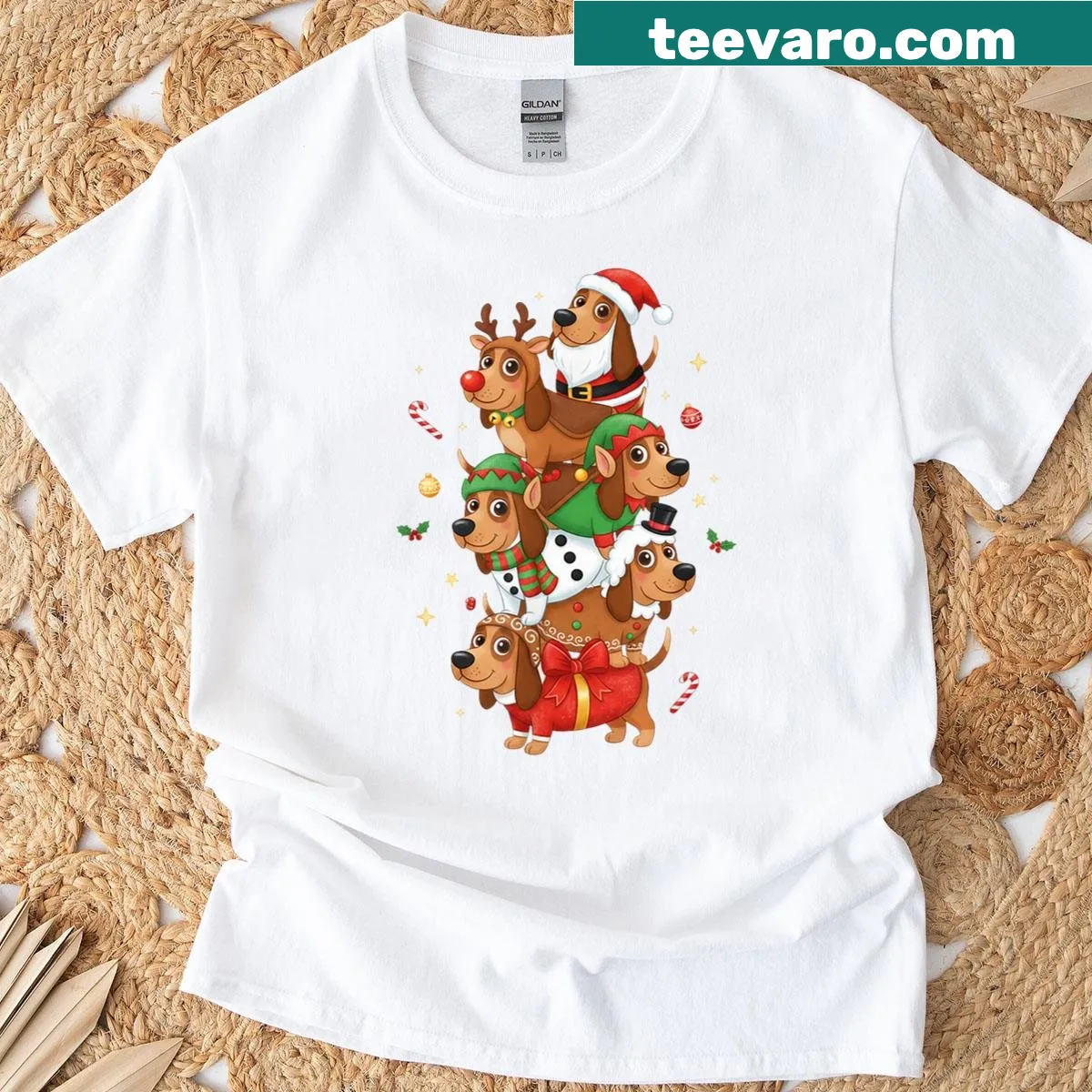 Christmas T-shirt featuring a bloodhound dog in festive attire — on a men's t-shirt