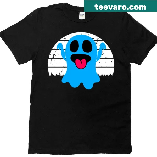 Playful blue ghost graphic with tongue out on a t-shirt