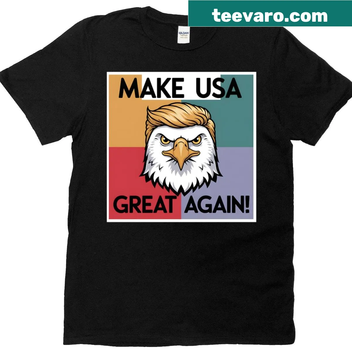T-shirt featuring a bold eagle with patriotic hair art — on a men's t-shirt
