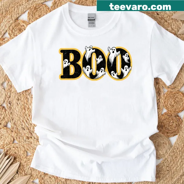 Vintage Halloween t-shirt featuring playful ghosts and 'Boo' text design