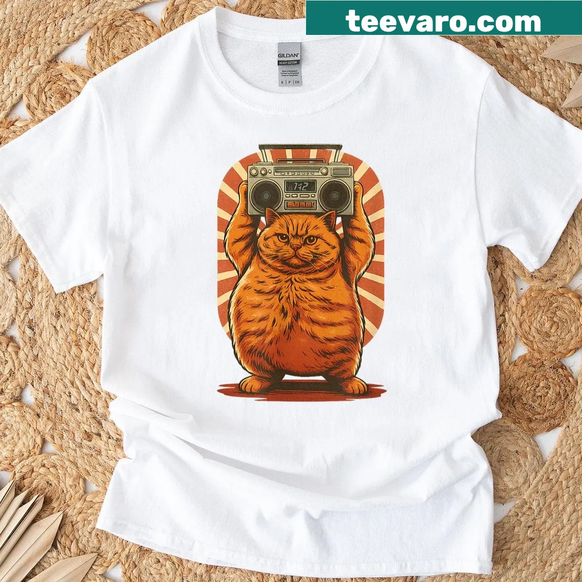 Retro T-shirt with a cat and boombox design reminiscent of the 80s — on a men's t-shirt