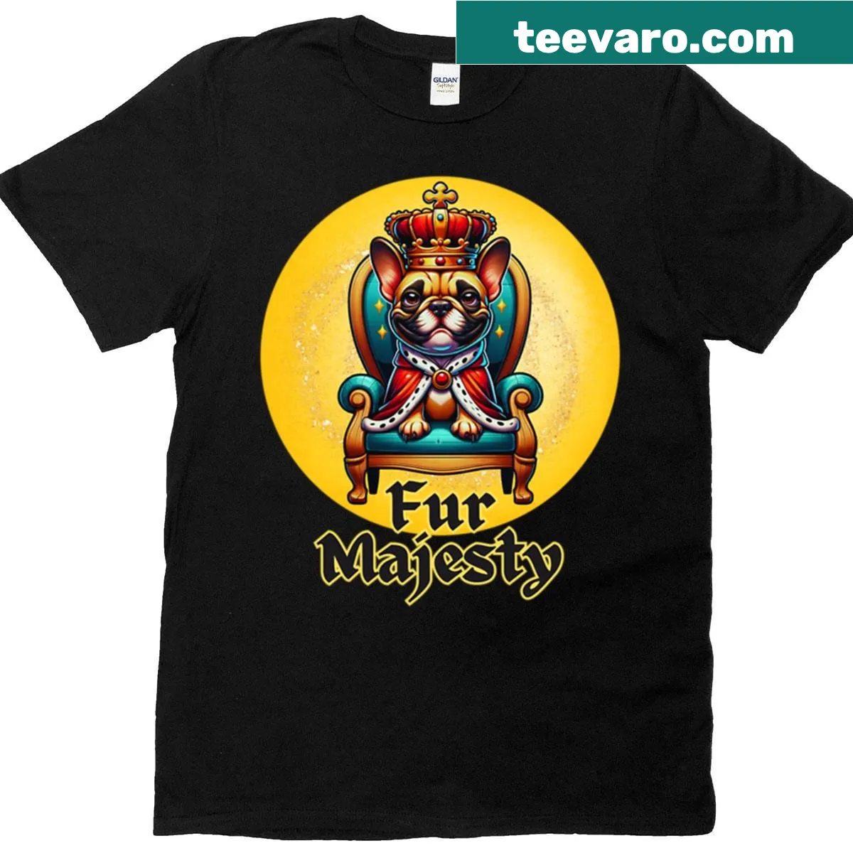 Playful T-shirt with 'Bow Down To Fur Majesty' text and dog illustration. — on a men's t-shirt