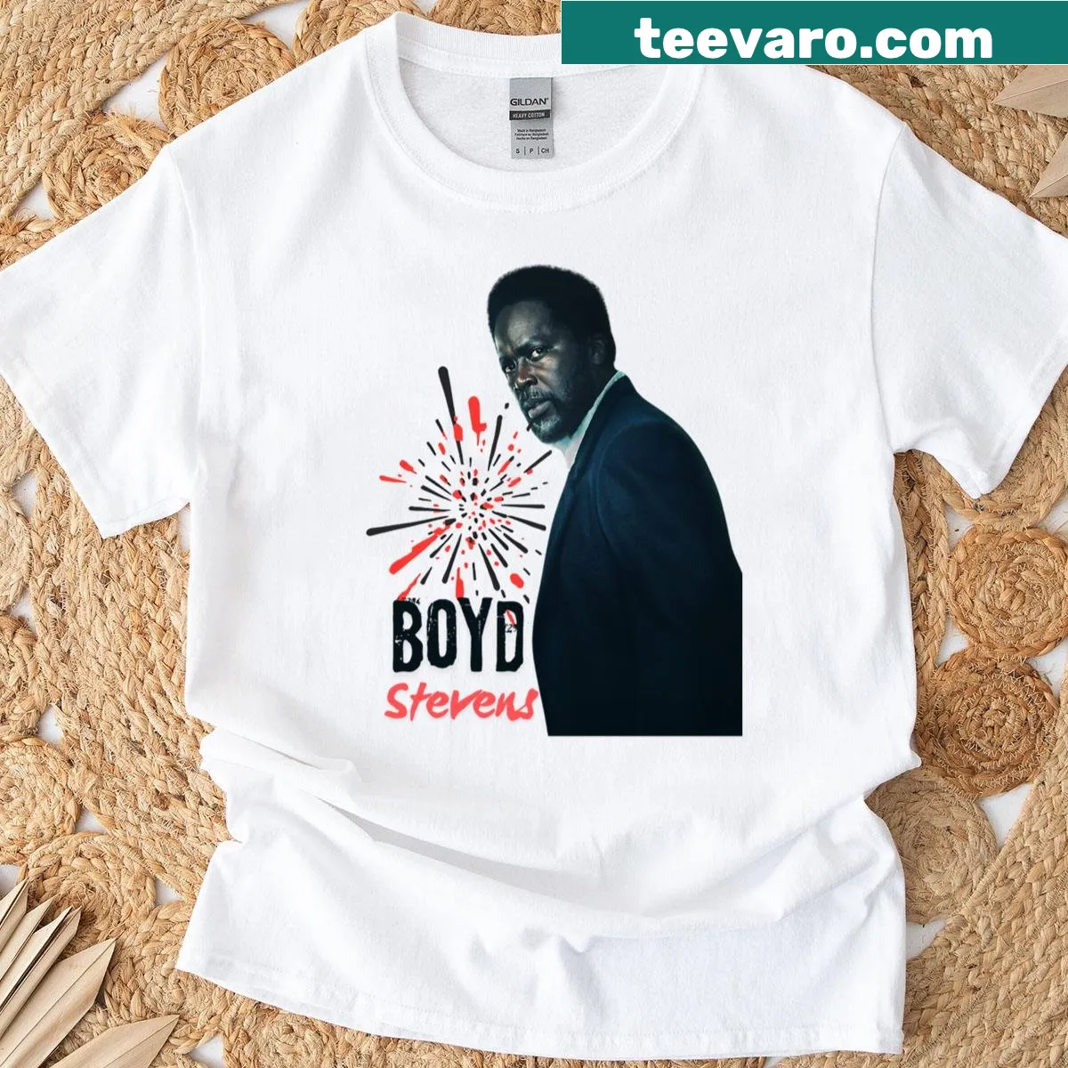 T-shirt featuring a graphic design inspired by Boyd Stevens from a TV series — on a men's t-shirt