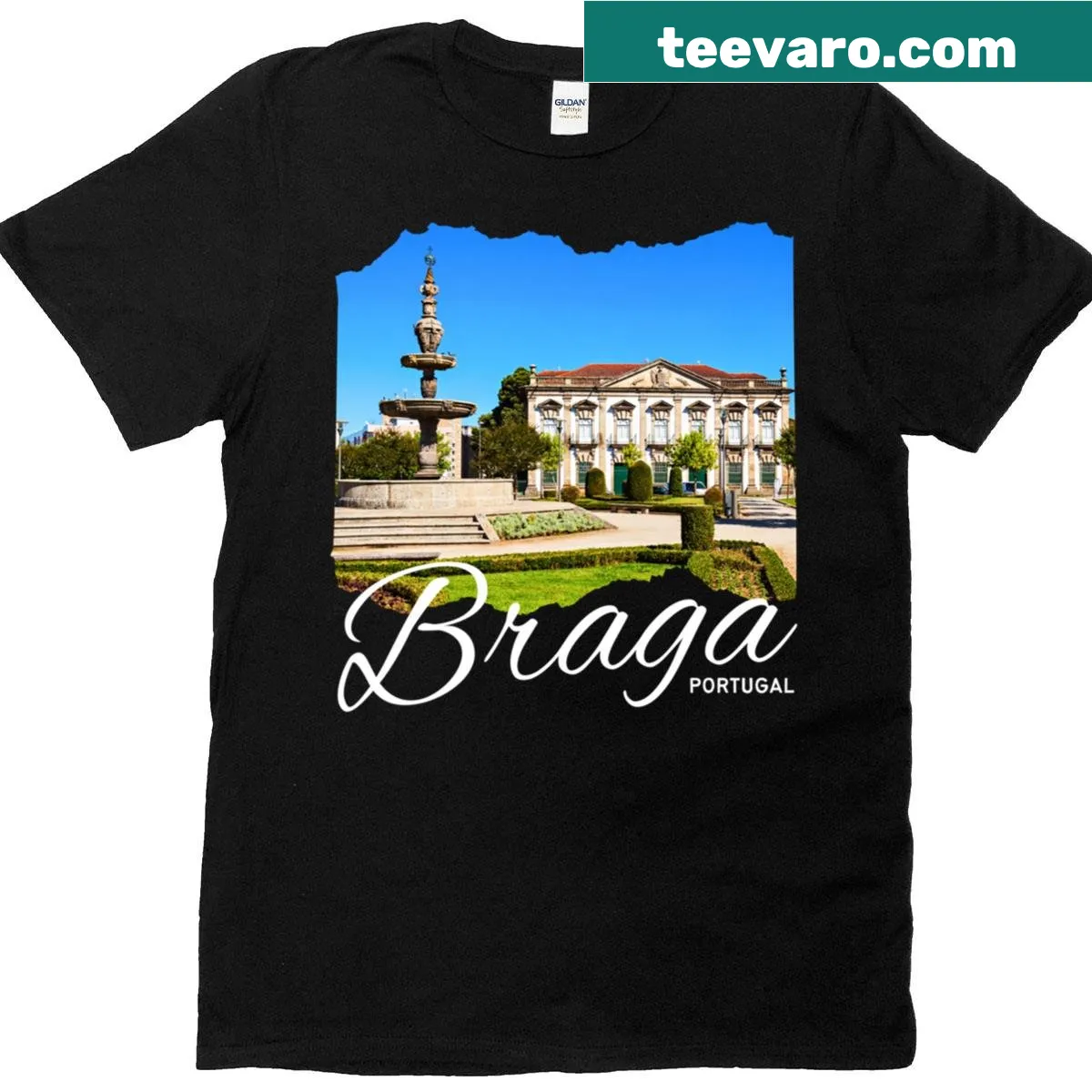Graphic featuring Braga, Portugal landmarks on a t-shirt — on a men's t-shirt
