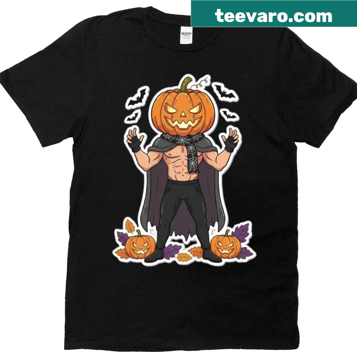 Buff pumpkin head muscle man graphic on Halloween-themed shirt — on a men's t-shirt