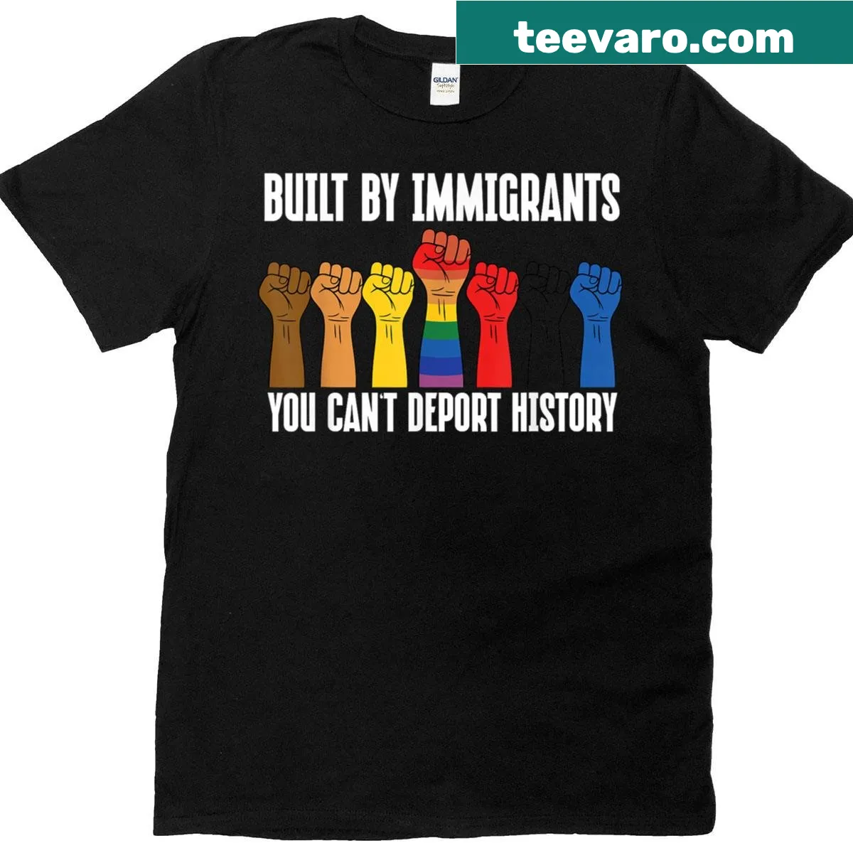 Patriotic t-shirt with text about immigration and history — on a men's t-shirt