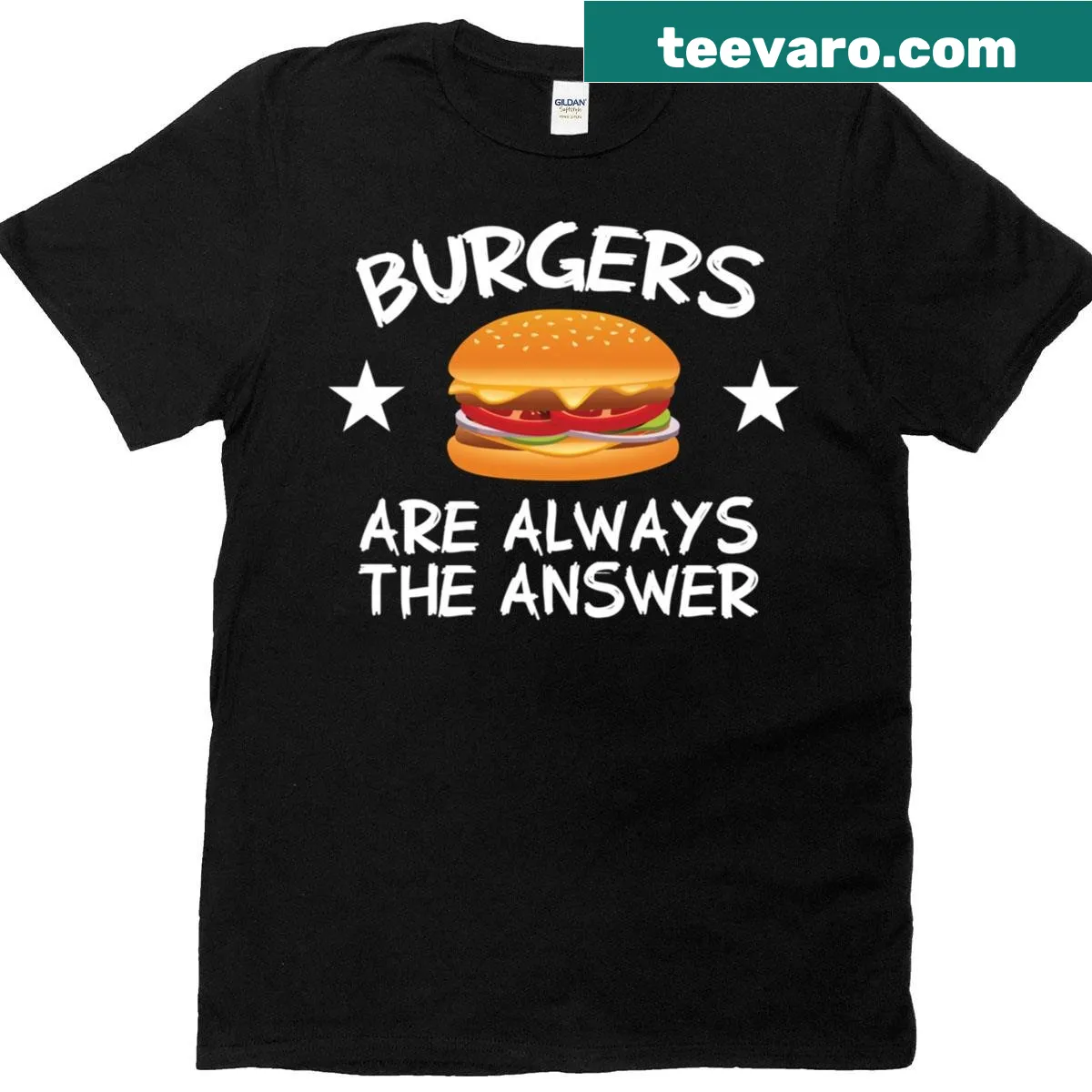 Funny shirt featuring hamburgers with text 'Burgers Are Always The Answer' — on a men's t-shirt