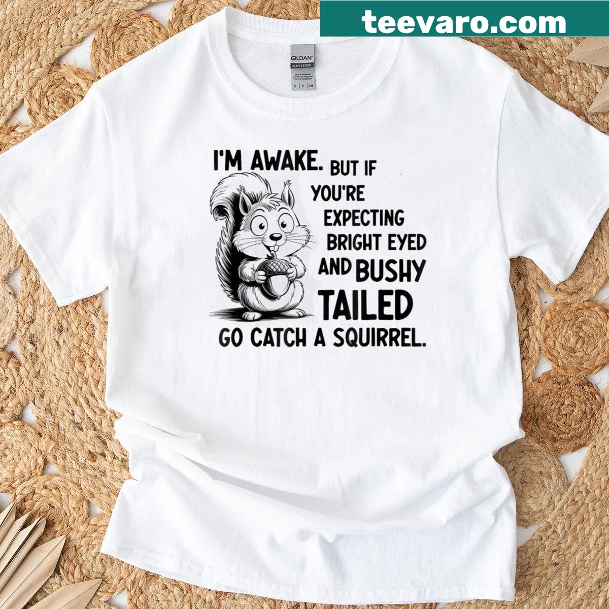 Cute T-shirt with a bushy-tailed squirrel illustration — on a men's t-shirt