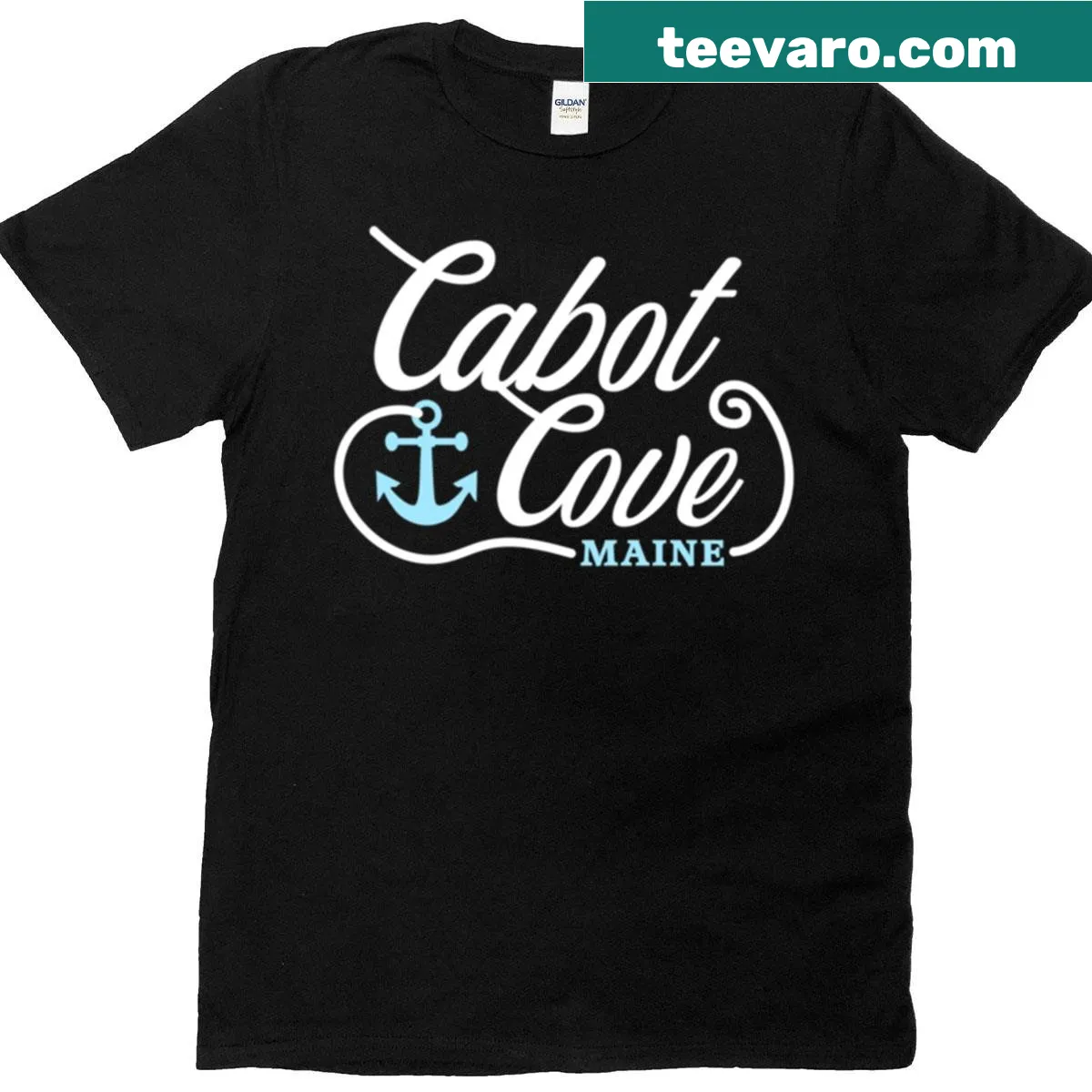 Illustrated graphic of Cabot Cove on a t-shirt — on a men's t-shirt