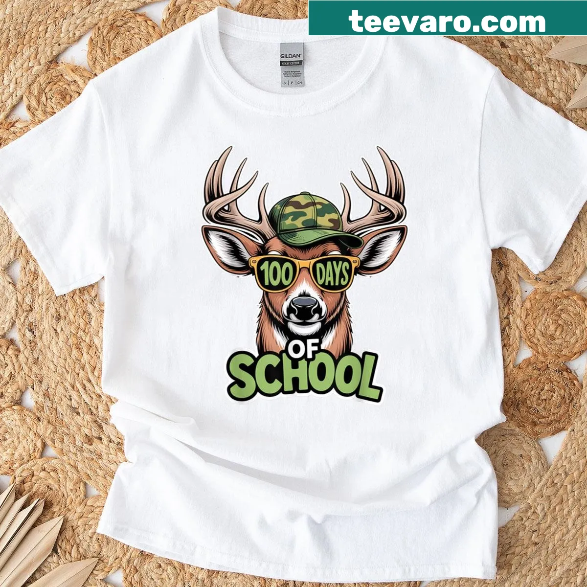 Camo t-shirt featuring a bucked deer design for kids. — on a men's t-shirt