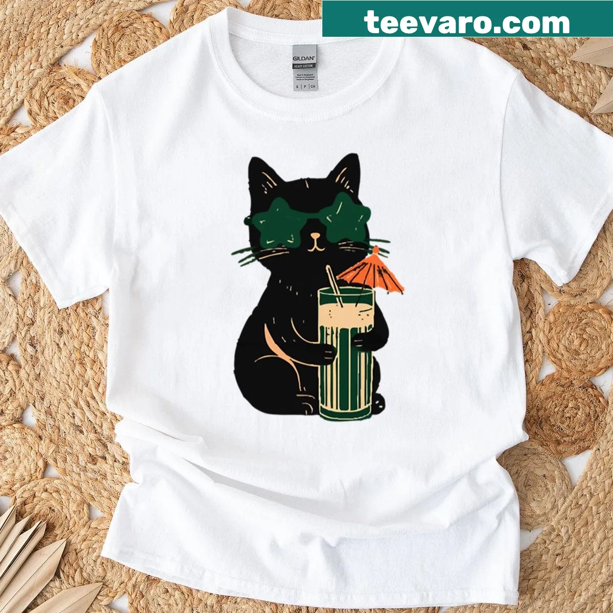 Illustrated cat wearing star sunglasses on a chill-themed t-shirt — on a men's t-shirt
