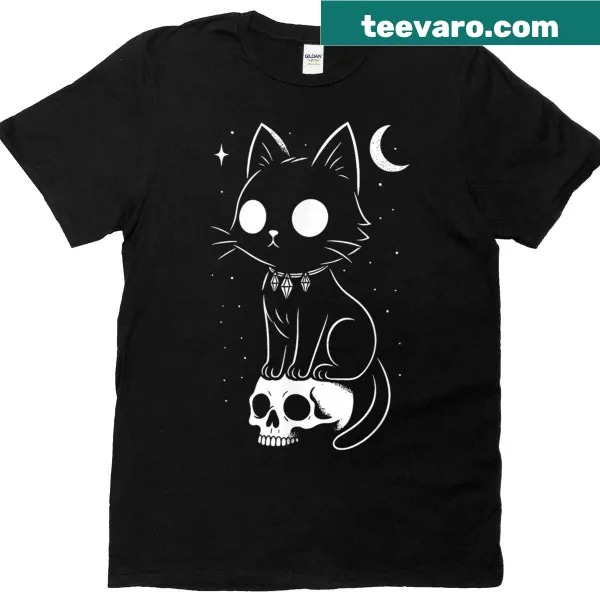 Kawaii-style T-shirt featuring a cute cat skull graphic for Halloween.
