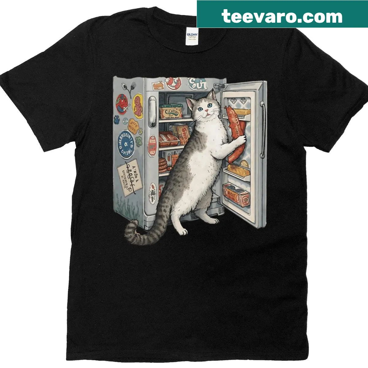 Illustration of a cat stealing food from the fridge — on a men's t-shirt