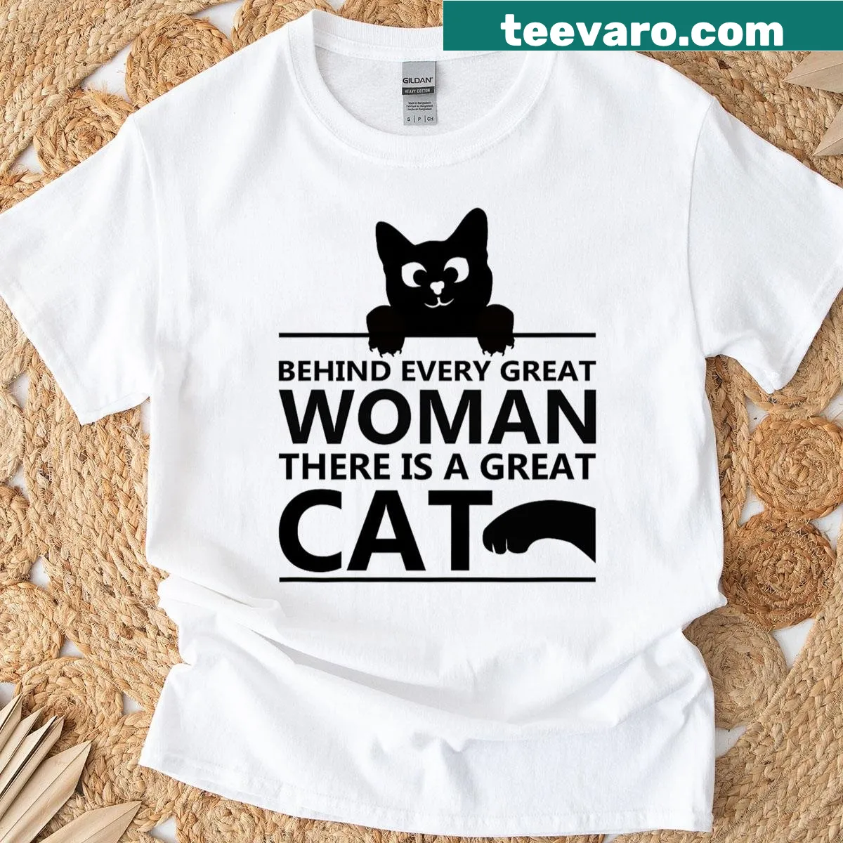 T-Shirt with 'Behind Every Great Woman There Is A Great Cat' quote — on a men's t-shirt