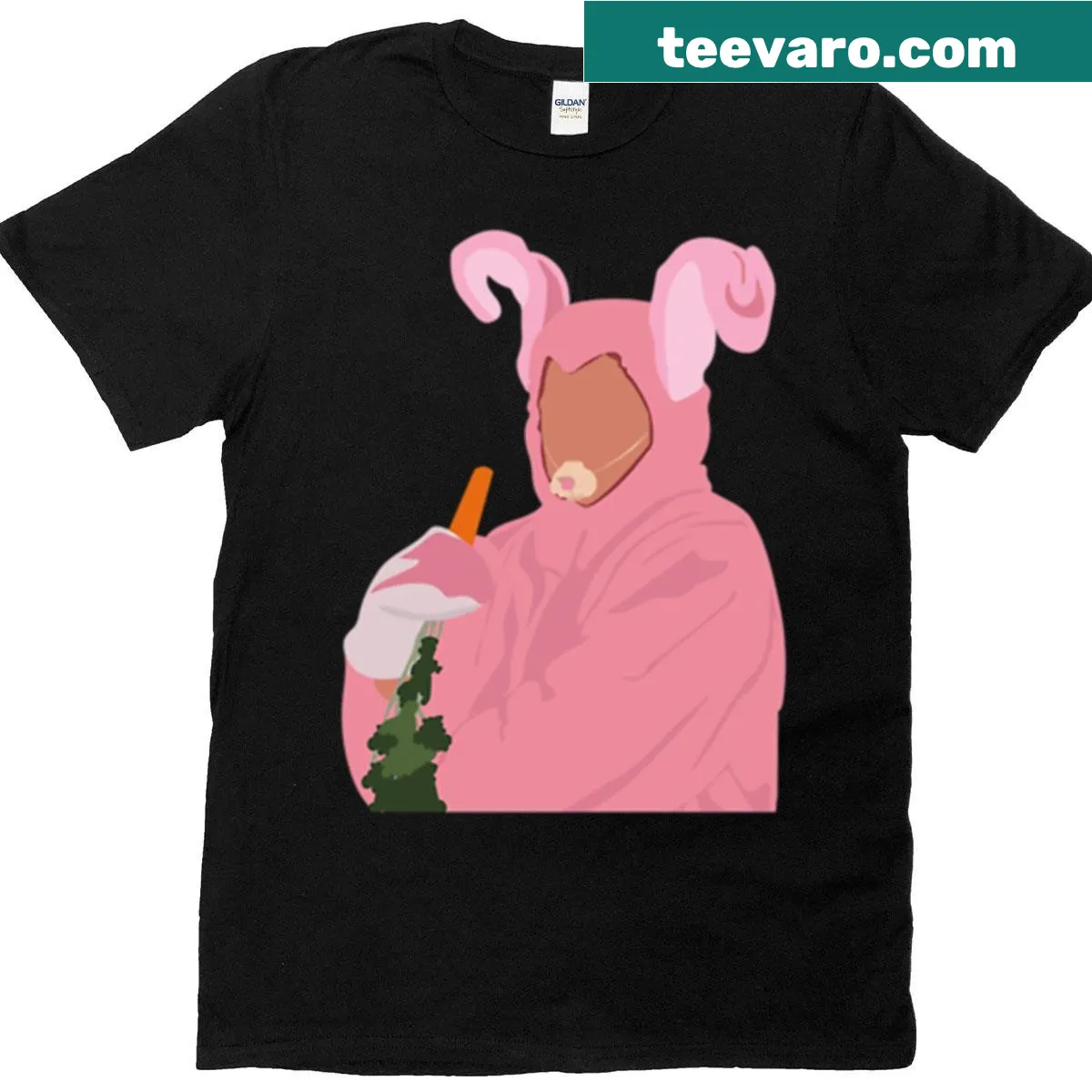 Cartoon graphic of a pink bunny costume on a t-shirt — on a men's t-shirt