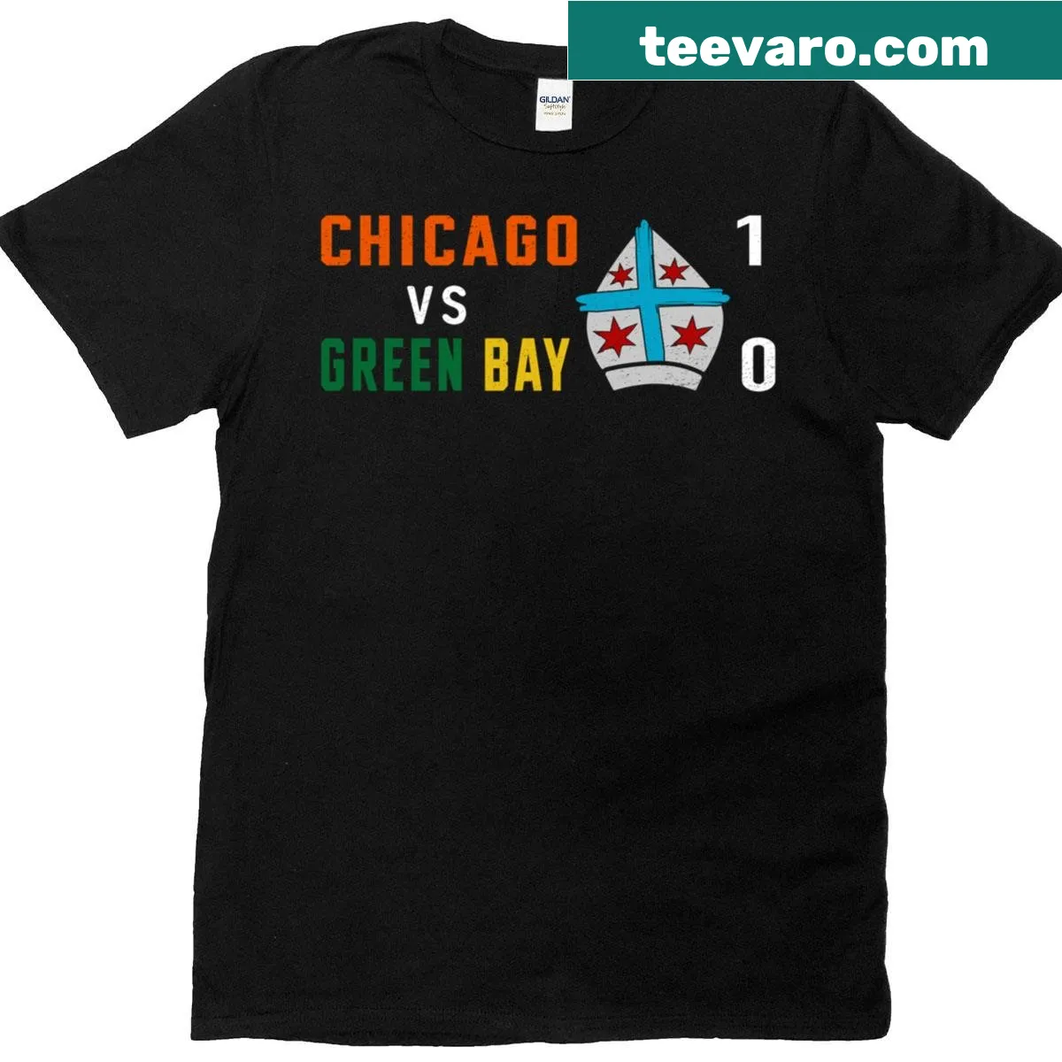 Humorous graphic highlighting sports rivalry between Chicago and Green Bay — on a men's t-shirt