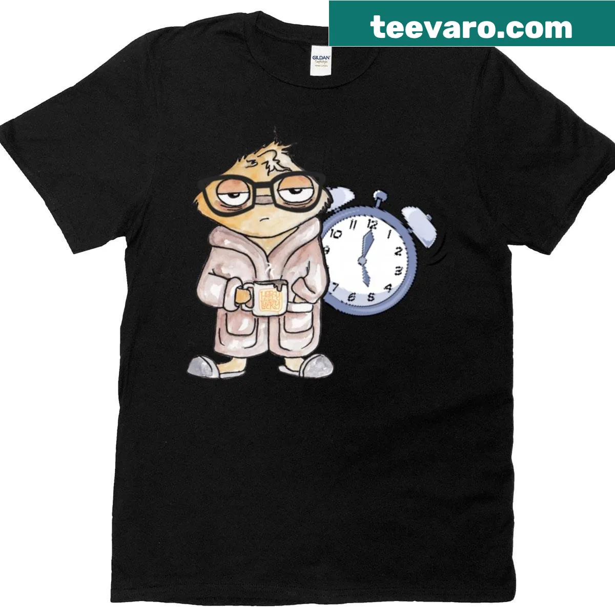 Funny t-shirt with a tired worker in a robe and a coffee cup illustration — on a men's t-shirt
