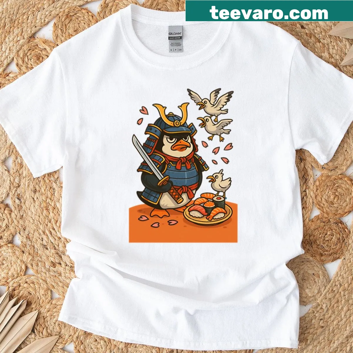 Cartoon penguin samurai design T-shirt — on a men's t-shirt
