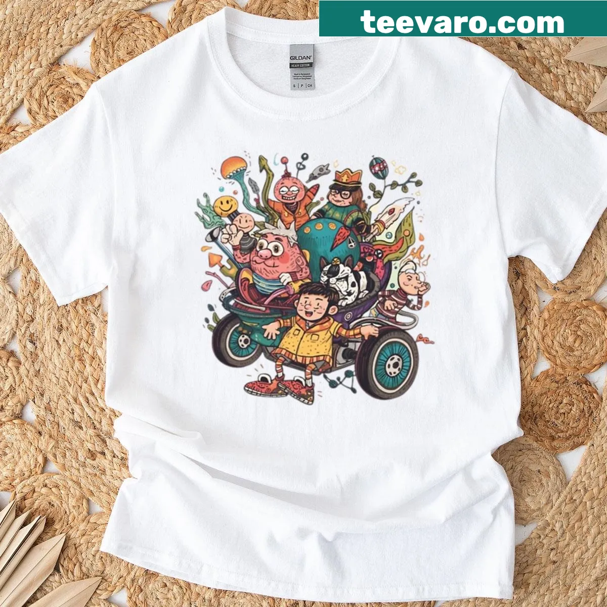 Whimsical cartoon adventure graphic T-shirt with a funny design — on a men's t-shirt