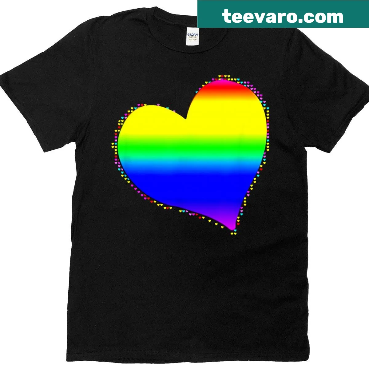 Colorful rainbow hearts design celebrating LGBTQ+ pride — on a men's t-shirt